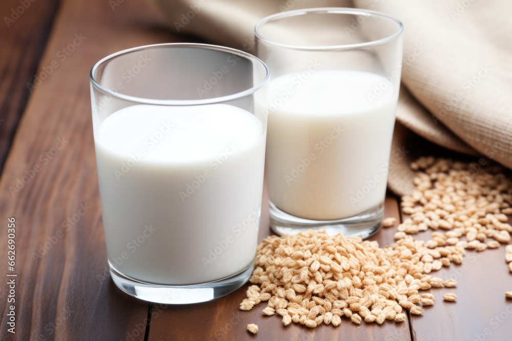 an undrunk glass of milk next to cereal an undrunk glass of milk next to cereal