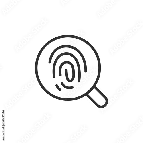 Searching for Evidence. A magnifying glass and a fingerprint, linear icon. Line with editable stroke