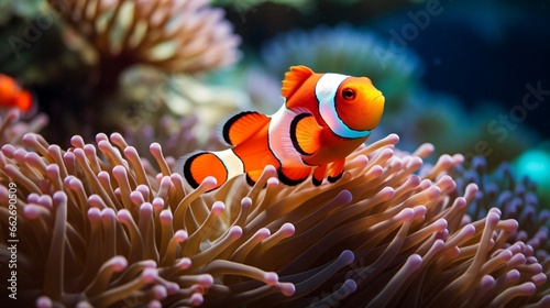 A close-up image of a clownfish nestled among the tentacles of a sea anemone, illustrating the fascinating symbiotic relationship between these two marine species