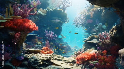 A high-definition image of a colorful coral garden  home to a variety of marine life  including exotic fish and intricate coral formations