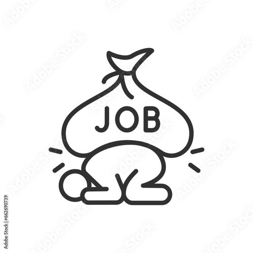 Job puts pressure on the person, linear icon. Person bent over under pressure. Workaholism. Stress, overwhelm. Line with editable stroke