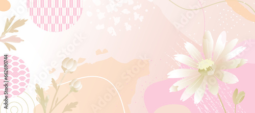 Asian Floral Banner, Chinese Lunar New Year Concept, Modern Japanese Background Design. Pink Abstract Oriental Background with Geometric Elements.
