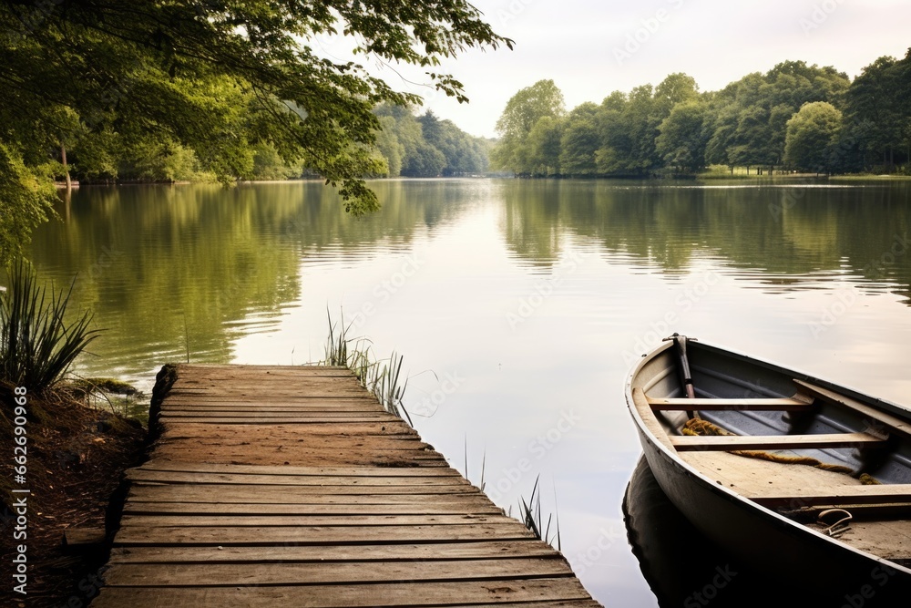 a quiet lake with a rowboat tied to a wooden dock