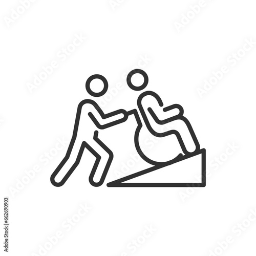 An person helps a man a wheelchair to get on top, linear icon. Assisting a man with a disability. Line with editable stroke