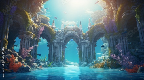 A serene underwater scene featuring a coral archway with a school of fish passing through, set against a backdrop of clear blue water, creating a picturesque and peaceful composition