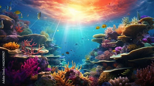 A stunning image of a coral garden in shallow waters, illuminated by the warm glow of the sun, showcasing the vibrant colors and intricate patterns of coral and marine creatures
