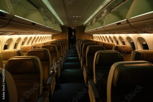 lights softly glowing in empty first-class cabin night flight