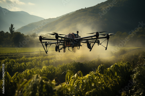 Agriculture drone in action, precisely spraying fertilizer over lush crops. Cutting-edge technology optimizes crop growth. Ai generated