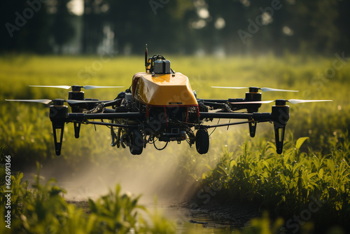 Agriculture drone in action, precisely spraying fertilizer over lush crops. Cutting-edge technology optimizes crop growth. Ai generated © twindesigner