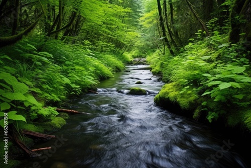 flowing stream with surrounding greenery