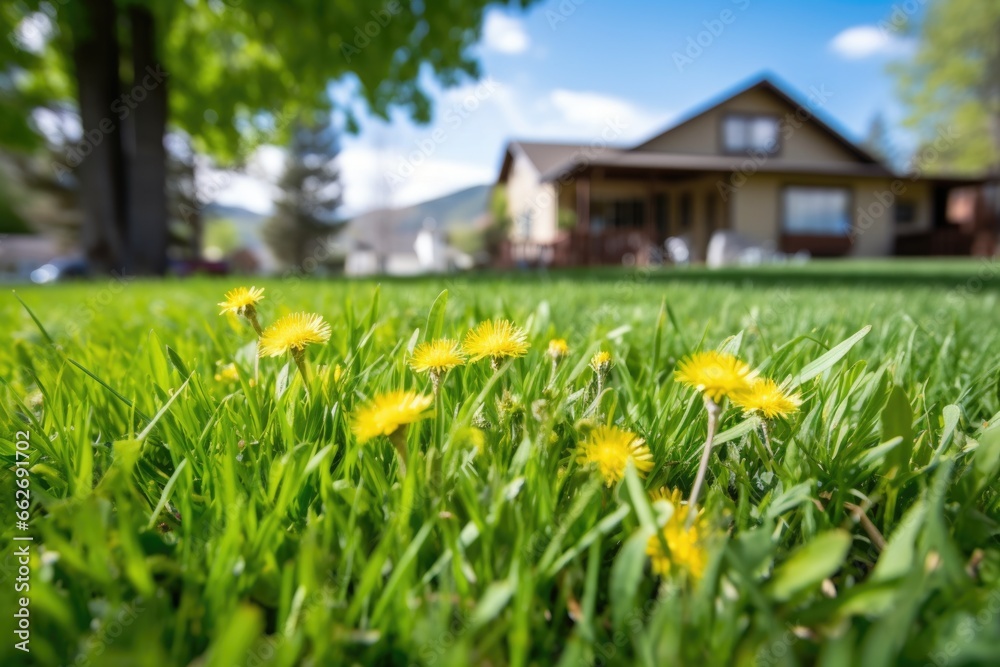 dandelion weed flowering amidst trimmed lawn dandelion weed flowering amidst trimmed lawn