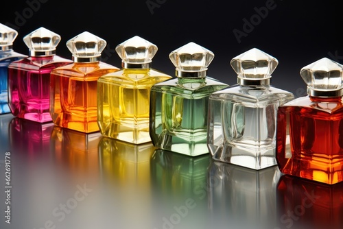 a row of cube-shaped perfume bottles