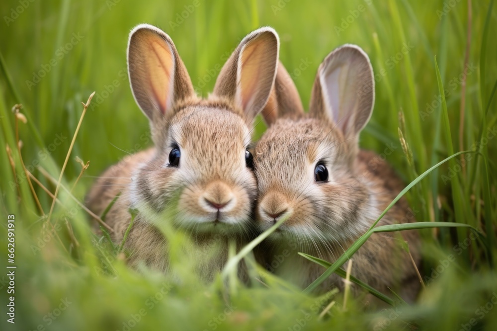 pair of rabbits huddled together in a grassy meadow pair of rabbits huddled together in a grassy meadow
