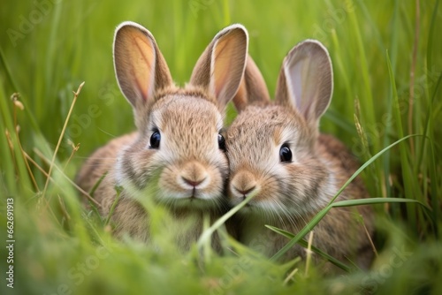 pair of rabbits huddled together in a grassy meadow