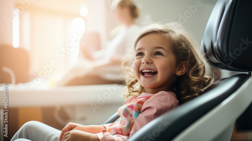 At the doctor. Happy child sitting in a dental chair with a smile on his face. Dental health concept, medicine, prevention. photo