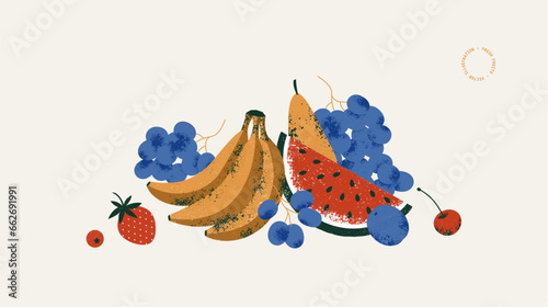 Fruit collection. Fresh fruit composition. Banana with pear and watermelon with grape and berries. Vector illustration