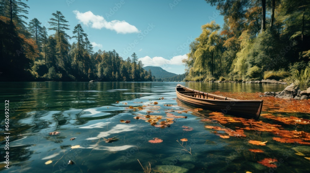 Serene reflections: Lake, lonely boat without people. A heavenly place.