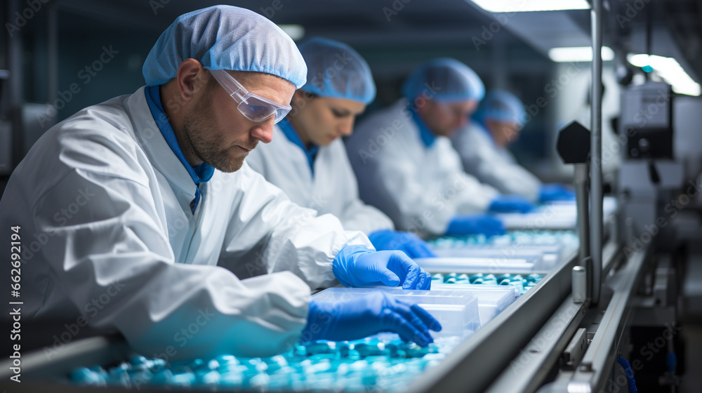 Quality Control: Inspectors examining pharmaceutical products on conveyor belts in a quality control lab. - obrazy, fototapety, plakaty 
