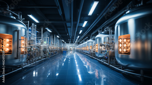 Modern Drug Manufacturing: A high-tech pharmaceutical production facility with rows of stainless steel tanks and machinery.