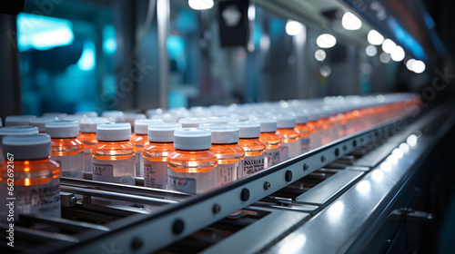 Pills and Capsules: A close-up of automated machines filling capsules and tablets in a pharmaceutical manufacturing plant. photo
