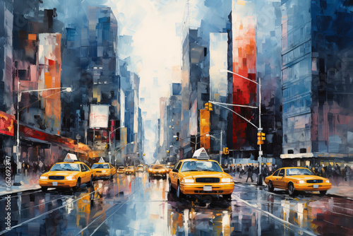 New York City painted in an expressionist impressionist style. thick brush strokes, red and blue style. ideal for tourist office or hotel. horizontal composition © Enrique