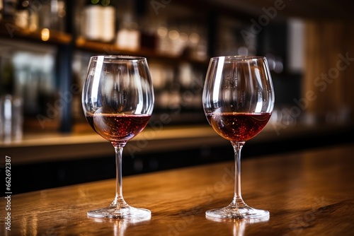 pair of wine glasses filled with red wine on a bar counter