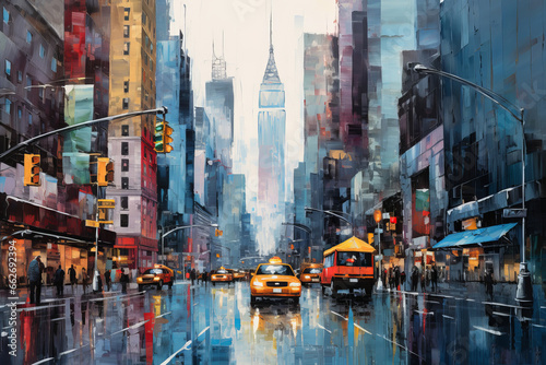 New York City painted in an expressionist impressionist style. thick brush strokes  red and blue style. ideal for tourist office or hotel. horizontal composition