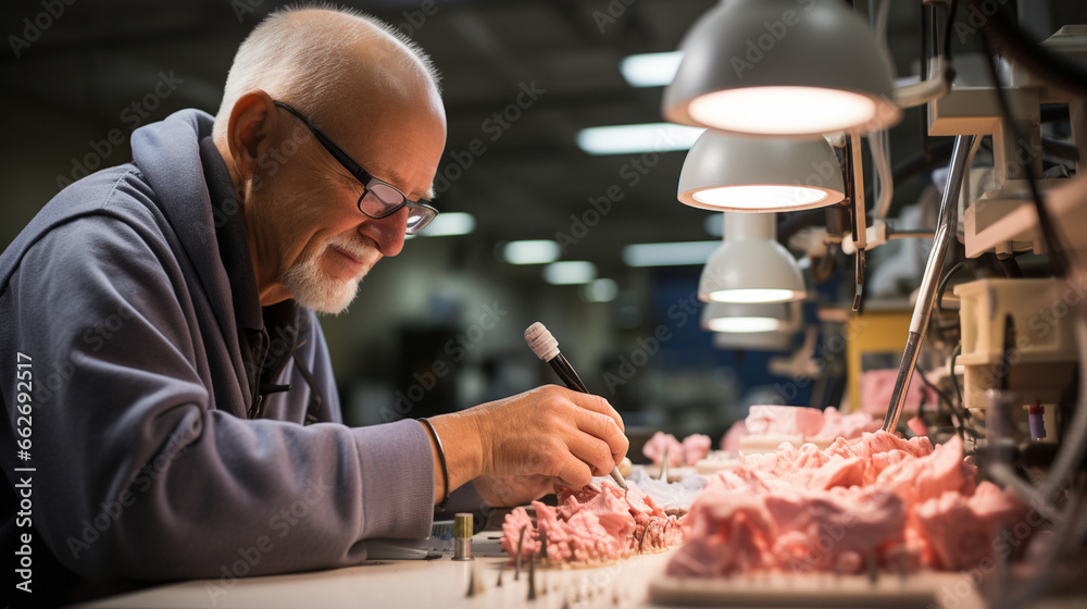 Prosthetic Teeth: A skilled technician meticulously crafting lifelike artificial teeth in a dental laboratory.