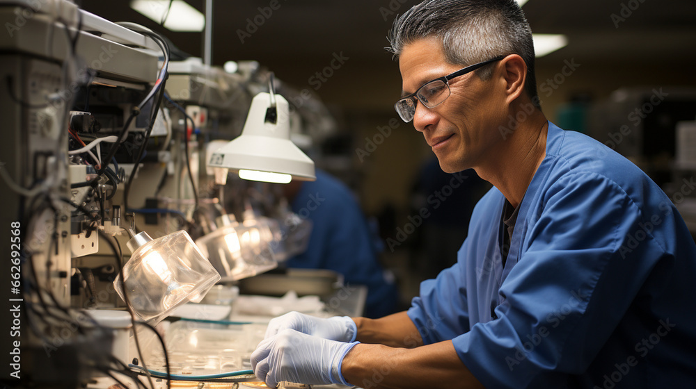 Dental Lab Equipment: A technician using specialized machinery to create dental and prosthetic materials.