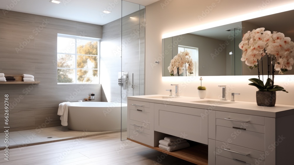 Fototapeta premium Bathroom with a large white mirror and bright lighting.