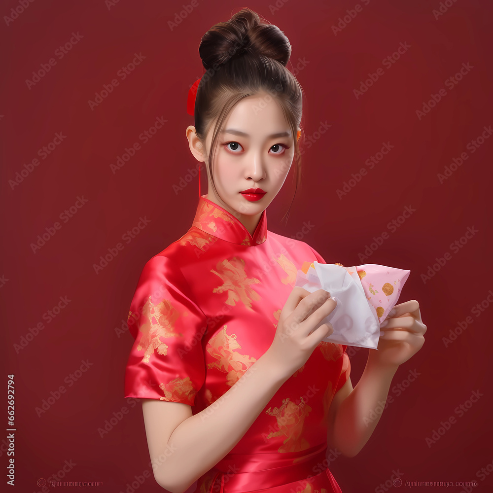 Realistic portrait of a Chinese girl with a red Chinese dress along with a red envelope, generative ai illustration. Realistic portrait of a Chinese girl with a red Chinese dress along with a red envelope, generative ai illustration.