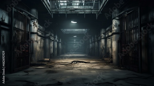 the dead zone, in the style of post-apocalyptic imagery, dreary and grotesque appearance of a closed prison, a psychiatric ward. generative AI