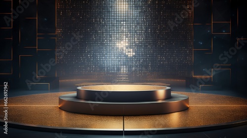 An elegant 3D podium with a mosaic surface  bathed in perfect lighting  standing boldly against a solid  complementary backdrop