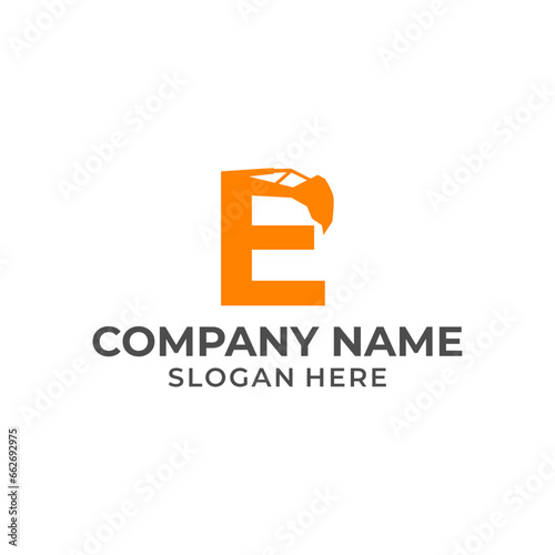Letter E logo with excavator arm. E excavator logo template, hydraulic logo initials