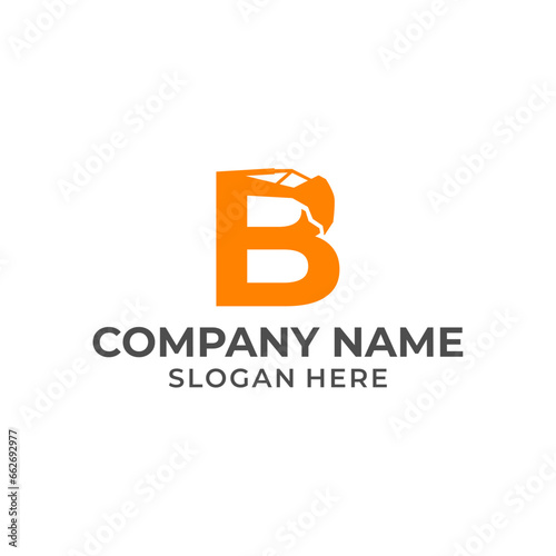 Letter B logo with excavator arm. B excavator logo template, hydraulic logo initials