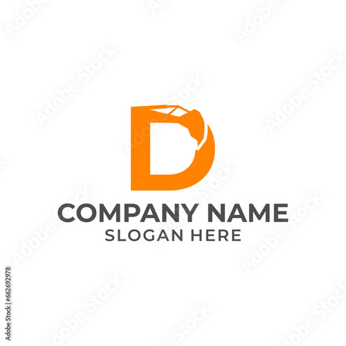 Letter D logo with excavator arm. D excavator logo template, hydraulic logo initials