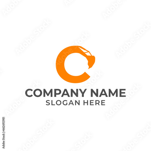Letter C logo with excavator arm. C excavator logo template, hydraulic logo initials