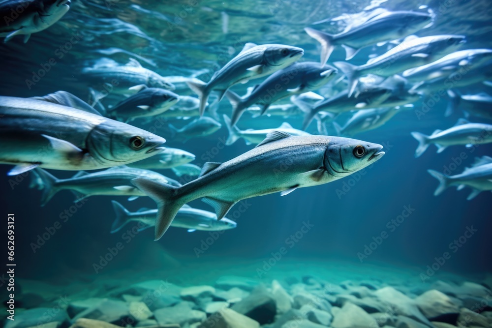 Naklejka premium a group of fish swimming in unison with one fish swimming alone