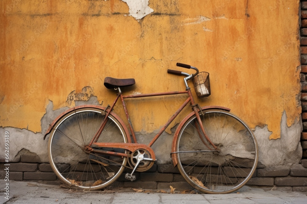 one bicycle parked against a rustic wall