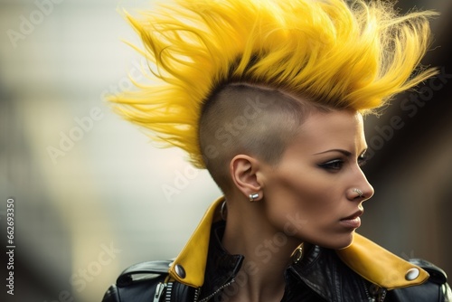 Alternative young woman with a bold mohawk hairstyle represents the fusion of fashion and punk culture. photo