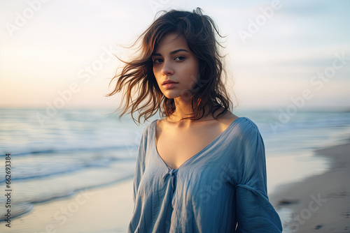 A beautiful, happy young woman enjoys the freedom of a summer day at the beach