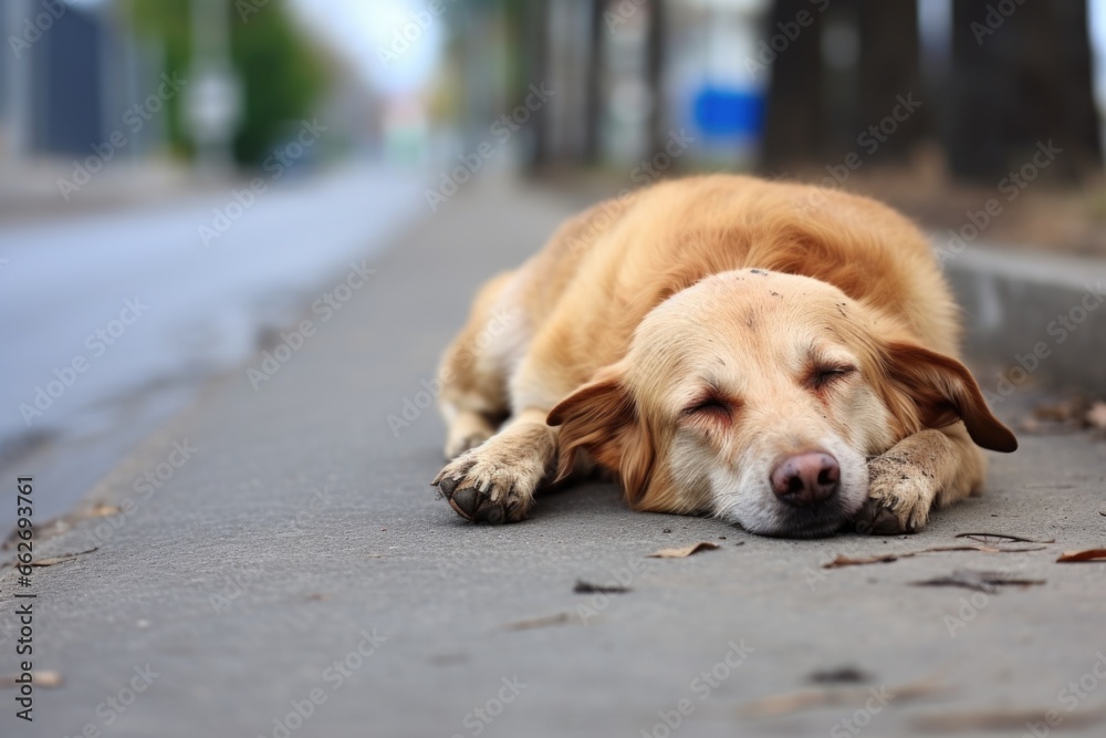 a head-down, lone dog abandoned on the sidewalk