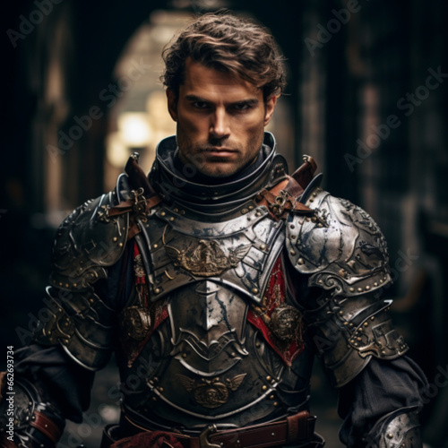 Generative AI,Portrait of a medieval knight in armor on the background of the night city.