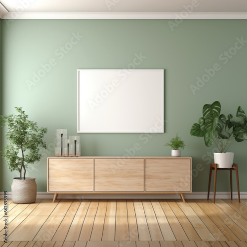 Generative AI,Mock up poster frame on green wall in living room. 3d render