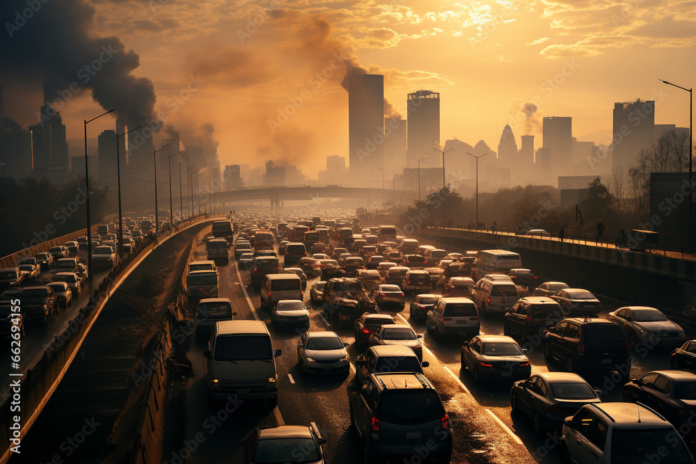 Polluted city with chaotic traffic, highlighting the hazardous environmental impact of vehicles congestion and air pollution. Ai generated