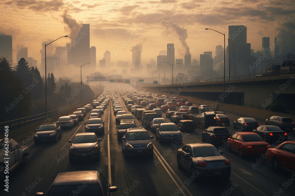 Polluted city with chaotic traffic, highlighting the hazardous ...