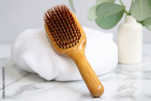 bamboo hairbrush on a white marble surface