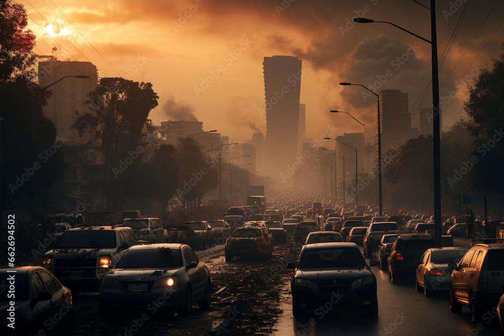 Congested Environment Polluted city with chaotic traffic, highlighting the hazardous ...