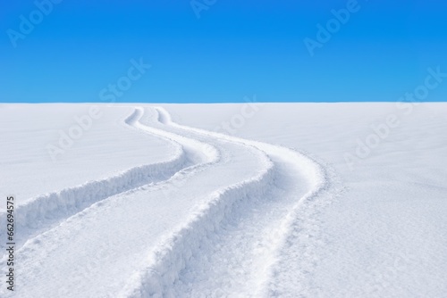 Car tracks in the deep fresh snow, winter landscape. © Tunatura