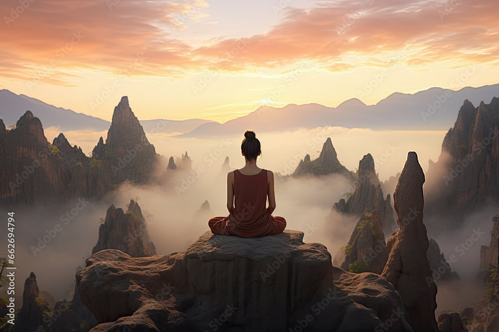 mujer sentada meditando en posición de yoga sobre piedra en la cima de una montaña al  atardecer sobre picos y nubes - obrazy, fototapety, plakaty 